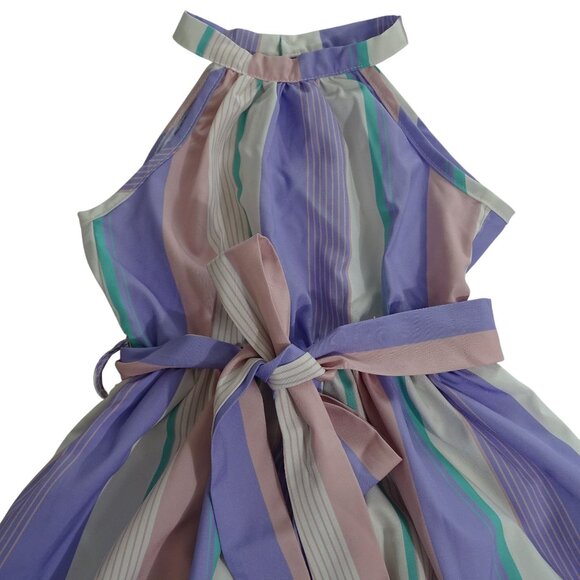 Shein Striped Dress Tie Belted Waist Girls Size 110 4-5 Yrs Purple Pink Keyhole - Picture 2 of 11